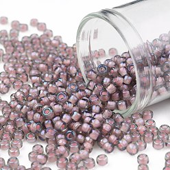 (305) Inside Color Crystal/Blush Lined Toho runde Rocailles, japanische Rocailles, (305) Innenfarbe Kristall / Rouge gefüttert, 8/0, 3 mm, Bohrung: 1 mm, über 222pcs / Flasche, 10 g / Flasche