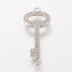 Platinum Brass Micro Pave Cubic Zirconia Links, Key, Platinum, 26x10x2mm, Hole: 1mm