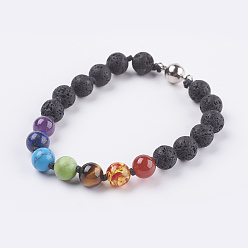 Lavastein Chakra-Schmuck, natürliche und synthetische Edelsteinarmbänder, mit Messing-Magnet schließen, Lavastein, 8-1/4 Zoll (210 mm)