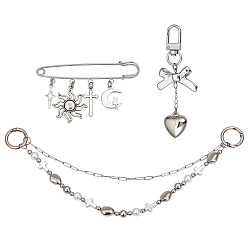 Platinum 3Pcs 3 Styles Heart Sun Cross Plastic & Alloy Link Bag Decorative Chains & Brooch, with Alloy Swivel Clasps, Platinum, 56~322mm, 1pc/style