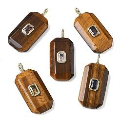 Тигровый глаз Граненые подвески из натурального тигрового глаза, прямоугольные подвески с латунной микропаве кубическими цирконами случайных цветов, золотые, 34.5x15x6 мм, отверстие : 4x2 мм