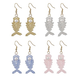 (52) Непрозрачная лаванда Серьги-подвески из стеклянных бусин в форме рыбьей кости, с круглыми раковинами, имитирующими жемчужины и 304 крючками для сережек из нержавеющей стали, золотые, разноцветные, 57x16 мм