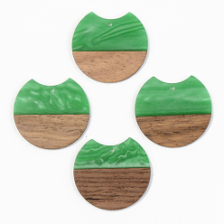 Green Opaque Resin & Walnut Wood Pendants, Gap Flat Round, Green, 34x36.5x3mm, Hole: 2mm
