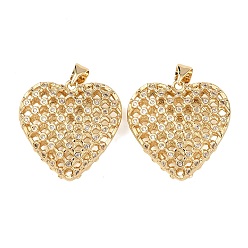 Настоящее золото 18K Латунные микропаве прозрачные подвески с фианитом, долговечный, полые прелести сердца, реальный 18 k позолоченный, 23.5x23.5x7.5 мм, отверстие : 5x3.5 мм