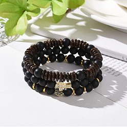 Black Agate 3Pcs Natural Black Agate(Dyed) and Coconut Beads Stretch Bracelets Set, Cross & Round Brass Micro Pave Cubic Zirconia Jewelry for Women Men, Inner Diameter: 2-1/8 inch(5.3cm)