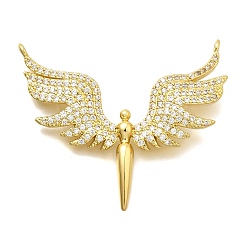 Настоящее золото 18K Латунные микропаве прозрачные подвески с фианитом, ангел, стойки покрытие, без кадмия и без свинца, долговечный, реальный 18 k позолоченный, 31.5x35.5x2.5 мм, отверстие : 1.4 мм