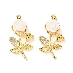 Белый Латунный микропаве прозрачный кубический цирконий с подвесками из смолы, без кадмия и без свинца, роза, реальный 18 k позолоченный, белые, 31x17x9 мм, отверстие : 5x2.5 мм