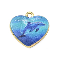 Blue Printed Brass Pendants, Heart with Dolphin Charms, Golden, Blue, 17x17.5x3.5mm, Hole: 1.6mm