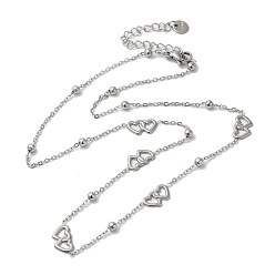 Нержавеющая Сталь Цвет Двойные цепочки-сердца из нержавеющей стали для женщин, цвет нержавеющей стали, 16.93 дюйм (43 см)