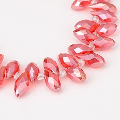 Красный Стеклянные бусины с гальваническим покрытием , сверху просверленные бусы, Грановитая Teardrop, с покрытием AB цвета, красные, 12~13x6 мм, отверстие : 1 мм, около 95~99 шт / нитка, 15.7~18 дюйм