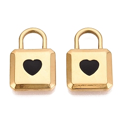 Black 303 Stainless Steel Enamel Pendants, Lock with Heart Pattern Charms, Ion Plating(IP), Real 18K Gold Plated, Black, 23.5x15x3mm, Hole: 7x6.5mm