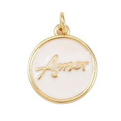 Белый Латунь эмаль подвески, с целью перехода в кольце, плоские круглые подвески со словом «амор», без свинца и без кадмия, долговечный, реальный 18 k позолоченный, стойки покрытие, белые, 16.5x14x1.5 мм, отверстие : 2.5 мм