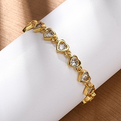 Золотой Латунные браслеты с микропаве из прозрачных кубических цирконий для женщин, сердце, без кадмия и без свинца, стойки покрытие, долговечный, золотые, 6-7/8 дюйм (17.5 см)