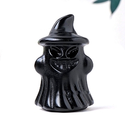 Обсидиан Хэллоуин натуральный обсидиан резной призрак со шляпой статуэтки статуи для домашнего офиса настольное украшение, 25~30x38~40 мм