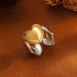 Heart Two Tone 304 Stainless Steel Cuff Open Rings for Women, Golden & Stainless Steel Color, Heart, US Size 4 1/4(15~20mm)