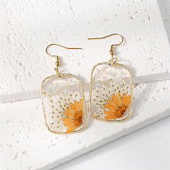 Сэнди Коричневый Прямоугольные серьги-подвески из смолы и сушеных цветов, золотые, песчаный коричневый, 33x24 мм