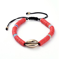 Red Adjustable Nylon Cord Braided Bead Bracelets, with Polymer Clay Heishi Beads, Electroplated Cowrie Shell Beads and Brass Round Beads, Red, 2 inch~3-1/2 inch(5~9cm)
