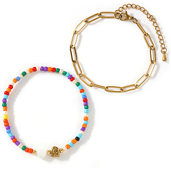 Letter A 2шт. 2 стили, стеклянный бисер и натуральная ракушка, 304 бусины из нержавеющей стали, эластичный браслет и латунная цепочка-скрепка, набор браслетов для женщин, сердце, буква a, 6.69 дюйм (17 см) ~ 6.89 дюйм (17.5 см)