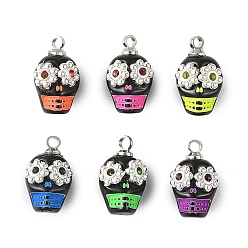 Platinum Opaque Acrylic & Alloy Pendants, Skull Charms, Mixed Color, Platinum, 13x9.5x7.5mm, Hole: 1.6mm