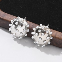 Платина Полукруглые серьги-гвоздики из латуни и искусственного жемчуга ABS, стойки покрытие, долговечный, без свинца и без кадмия, платина, 17.5x16.5 мм