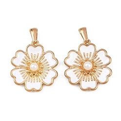 Белый 304 нержавеющей стальной эмали подвески, с абс пластмассовыми жемчужными бисером, цветок, золотые, белые, 27x24x6.5 мм, отверстие : 6.5x2.5 мм