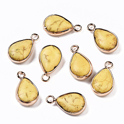 Yellow Synthetic Turquoise Pendants, with Light Gold Plated Brass Edge, Teardrop, Dyed, Yellow, 18~19x10.5x5mm, Hole: 2mm