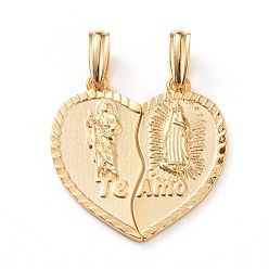 Real 18K Gold Plated Brass Split Pendants, Long-Lasting Plated, Heart with Virgin Mary & Saint & Word Te Amo, Real 18K Gold Plated, 25x12x2mm, Hole: 6x3mm, 2pcs/set