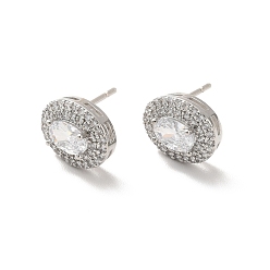 Платинированный Овальные серьги-гвоздики из прозрачного кубического циркония, долговечные украшения из латуни с покрытием для женщин, без кадмия и без свинца, Реальная платина, 11x9 мм, штифты : 1 мм