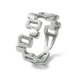 Stainless Steel Color Non-Tarnish 304 Stainless Steel Open Cuff Ring, Hollow Rectangle, Stainless Steel Color, US Size 7 1/4(17.5mm)