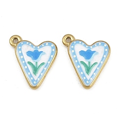 Flower Printed 304 Stainless Steel Enamel Pendants, Heart Charms, Ion Plating(IP), Real 18K Gold Plated, Flower Charms, 18x14.5x3mm, Hole: 1.5mm