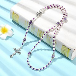 Фиолетовый Четки из сплава креста и Девы Марии, Ожерелья из акриловых и стеклянных бусин с жемчугом для женщин, античное серебро, фиолетовые, 24.21 дюйм (61.5 см)