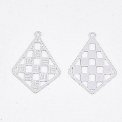 Platinum Brass Pendants, Etched Metal Embellishments, Long-Lasting Plated, Kite with Tartan Pattern, Platinum, 24x17x0.3mm, Hole: 1.2mm