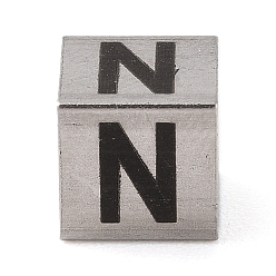 Letter N Устойчивые к потускнению 201 европейские бусины из нержавеющей стали, бусины с большим отверстием, куб с английской буквой, цвет нержавеющей стали, Письмо N, 7x7x7 мм, отверстие : 5 мм