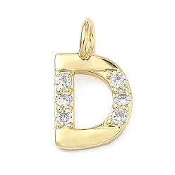 Letter D Латунные микропаве прозрачные подвески с фианитом, без кадмия и без свинца, долговечный, стойки покрытие, реальный 18 k позолоченный, Буква D, 18.5x10.5x2.5 мм, отверстие : 2.5 мм