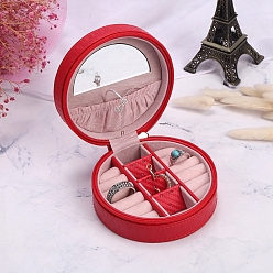 Red PU Leather Jewelry Box, Travel Portable Jewelry Case, Zipper Storage Boxes with Mirror Inside, for Necklaces, Rings, Earrings and Pendants, Flat Round with Crown, Red, 11x5cm