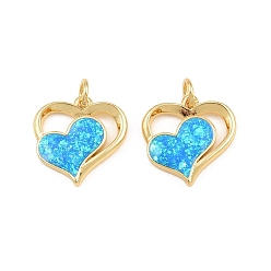 Deep Sky Blue Brass & Synthetic Opal Pendants, Heart Charms, Long-Lasting Plated, Lead Free & Cadmium Free, Rack Plating, Real 18K Gold Plated, Deep Sky Blue, 15.5x15x2mm, Hole: 3mm