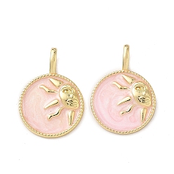 Персиковый Слойка Латунь эмаль подвески, реальный 18 k позолоченный, плоские круглые с солнцем, розовые, 21x15x2 мм, отверстие : 5x3 мм