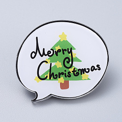 White Acrylic Safety Brooches, with Iron Pin, For Christmas, Flat Round with Christmas Tree & Word Merry Christmas, White, 40x34x7mm, Pin:0.8mm
