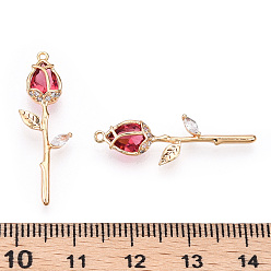 Cerise Brass Micro Pave Cubic Zirconia Pendants, Nickel Free, Real 18K Gold Plated, Rose Flower, Cerise, 29x9x5mm, Hole: 1mm