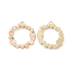 Pink Подвески из эмали и сплава, с абс пластмассовыми жемчужными бисером, без кадмия, без никеля и без свинца, золотые, кольцо с подвеской в виде сердца и яблока, розовые, 25x23x3 мм, отверстие : 2 мм