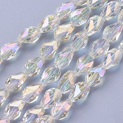 Clear Electroplate Glass Beads Strands, Full Rainbow Plated, teardrop, Faceted, Clear, 8.5x6x6mm, Hole: 1mm, 21.2~23.2 inch(54~59cm), 65~70pcs/strand
