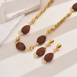 Настоящее золото 18K Элегантные винтажные повседневные серьги-гвоздики из сплава и смолы и комплекты ожерелий для женщин, реальный 18 k позолоченный