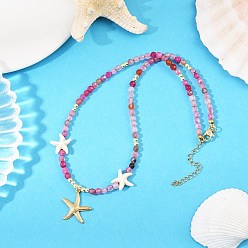 Бледно-Розовый Синтетическая бирюза и окрашенный натуральный агат, ограненные круглые бусины в форме морской звезды 304 ожерелья из нержавеющей стали для женщин, золотые, розовый жемчуг, 16.34 дюйм (41.5 см)