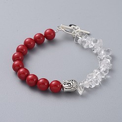 Red Shell Pearl Beaded Bracelets, with Natural Quartz Crystal Chip Beads, Alloy Beads and Toggle Clasps, Buddha Head, Red, 7-5/8 inch(19.5cm)