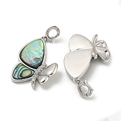 Real Platinum Plated Brass Micro Pave Clear Cubic Zirconia Pendants, with Paua Shell, Butterfly Charms, Real Platinum Plated, 27.5x19x4mm, Hole: 4x3mm