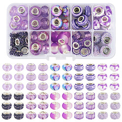 Средняя Орхидея 62 шт. 10 стили европейские бусины из смолы и полимерной глины со стразами, большие отверстия Rondelle бусины с латунным сердечником, серебряный цвет гальваническим, средне орхидеи, 11~14x7~10 мм, отверстие : 5 мм