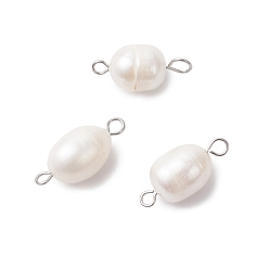 Нержавеющая Сталь Цвет Натуральные культивируемые пресноводные жемчужные звенья, подвески-коннекторы из риса с 304 двойными петлями из нержавеющей стали, цветочный белый, цвет нержавеющей стали, 19~20.5x9~10 мм, отверстие : 1.8~2.5 мм