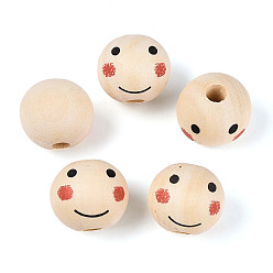 Желтая Старая Ткань  Набивные шима деревянные бусины, круглый с выражением лица, старое кружево, 18.5~19.5 мм, отверстие : 5 мм