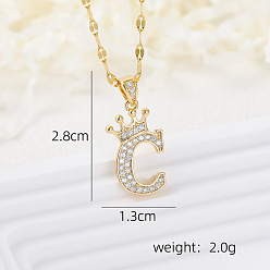 Letter C Латунные микропаве прозрачные кубические цирконии корона инициал кулон ожерелья, реальный 18 k позолоченный, буква С, 15.75 дюйм (40 см)