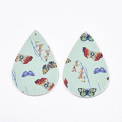 Mittlerer Aquamarin Pu-Leder große Anhänger, doppelseitig, Träne, mit Schmetterlingsmuster, mittlerer Aquamarin, 56x37x2 mm, Bohrung: 1.6 mm